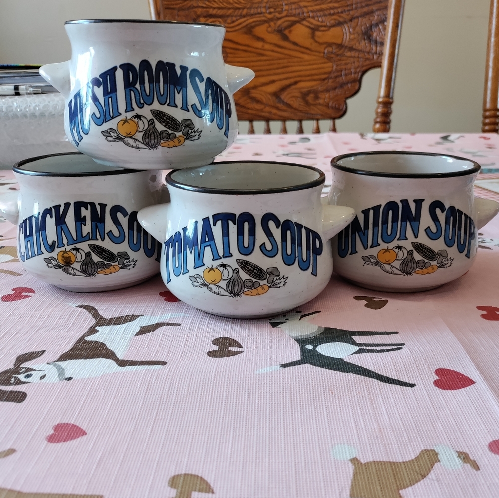 Vintage Blue Letter Vegetable Soup Bowl Crock Set of 4